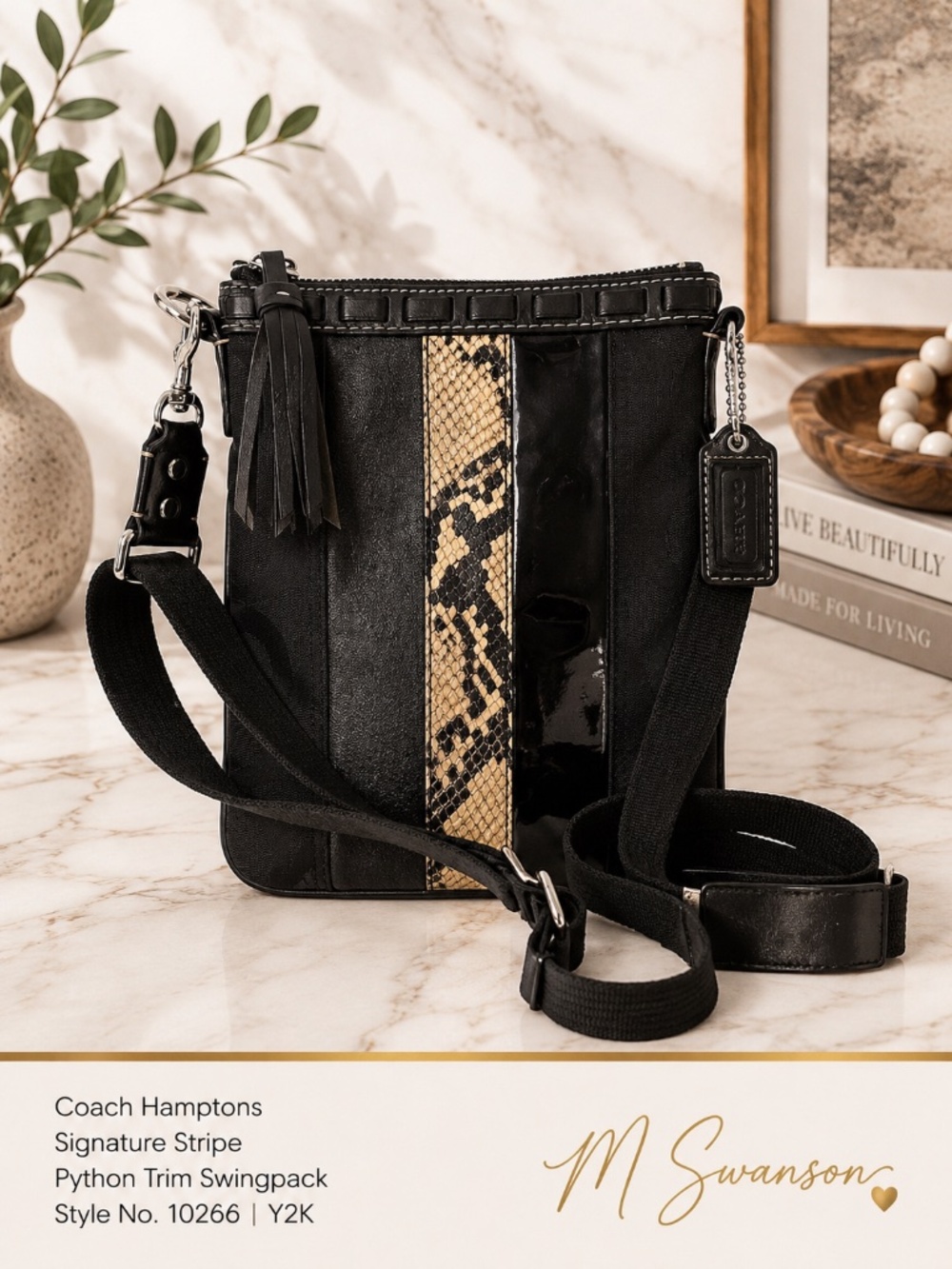 COACH Hampton Swingpack Signature Jacquard Stripe Python Patent Leather